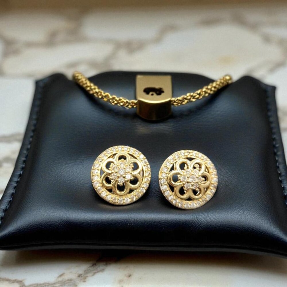 Gold-Plated Round Floral Crystal Stud Earrings